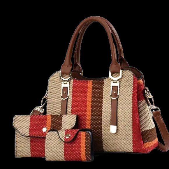 Handbags - Nola Ladies Striped Handbag Set - Red/Wine